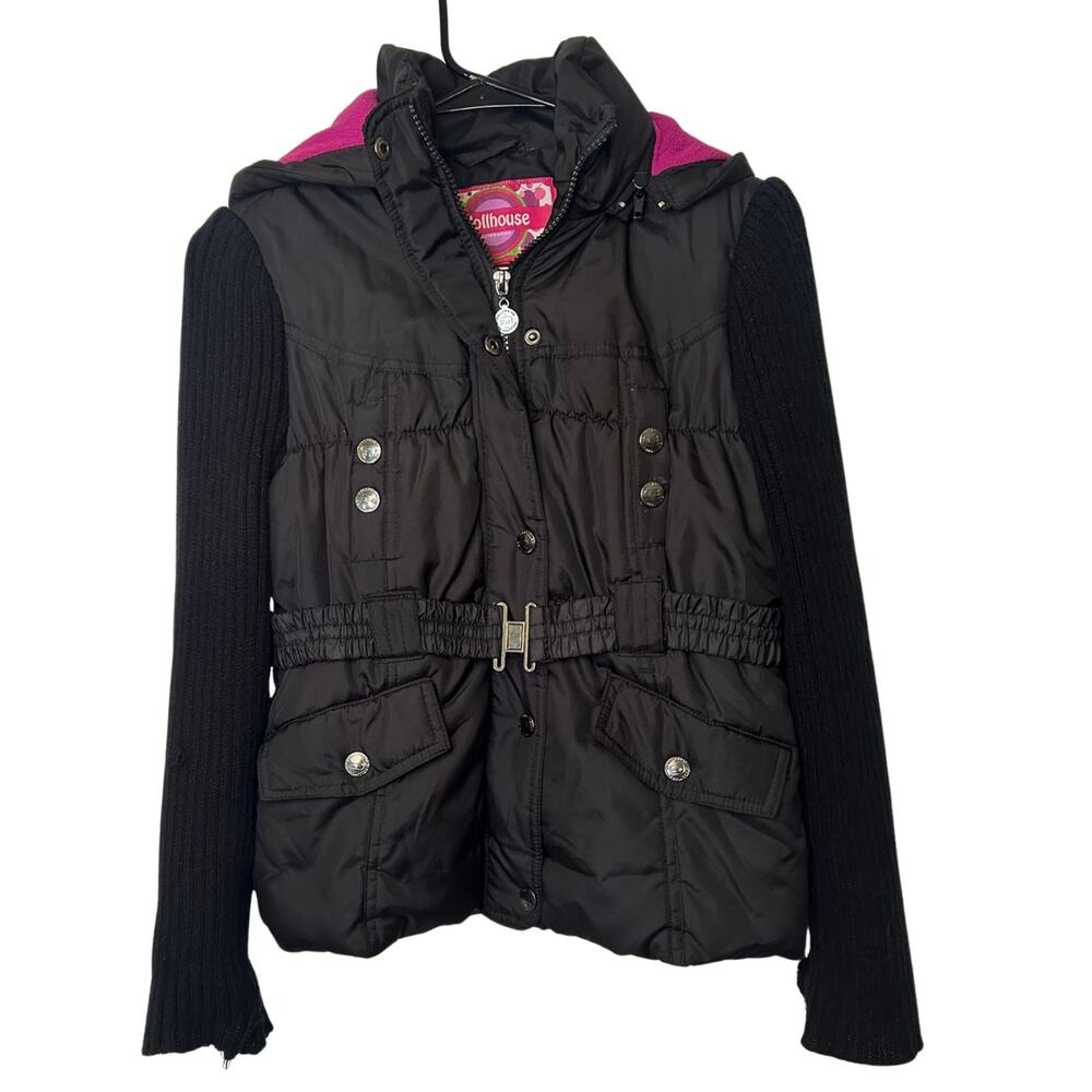 Dollhouse Girls L 14 Black Hybrid Puffer Jacket Pink Hood Knit Sleeves Y2K